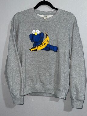 KAWS Grey Crewneck with Blue Bear and Yellow Banana Graphic